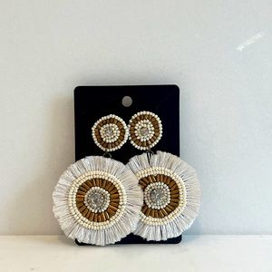 White + bronze round fringe earrings